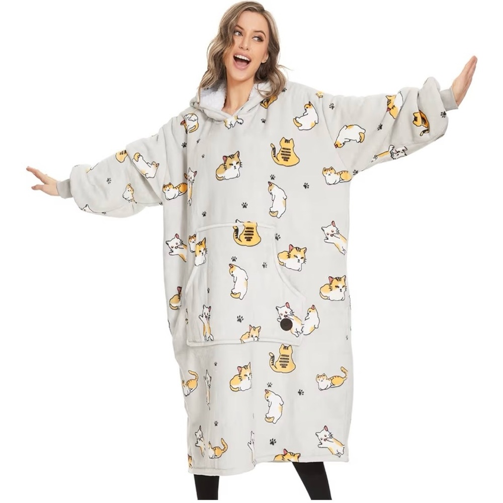 New Wearable Cat Novelty Print Blanket Hoodie Oversized Sherpa for Adults
